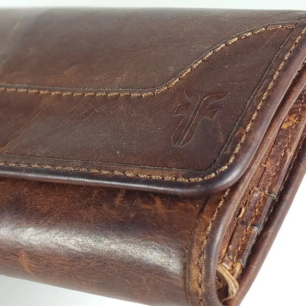 Frye Melissa Continental Cognac Brown Distressed Leather Snap Trifold Wallet - Picture 11 of 13